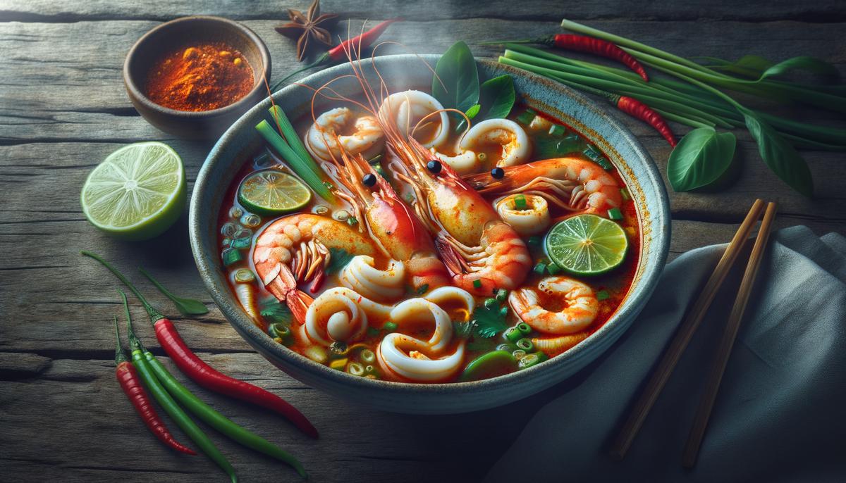 A steaming bowl of Tom Yum Goong from Bang Lamphu, with fresh prawns and aromatic herbs