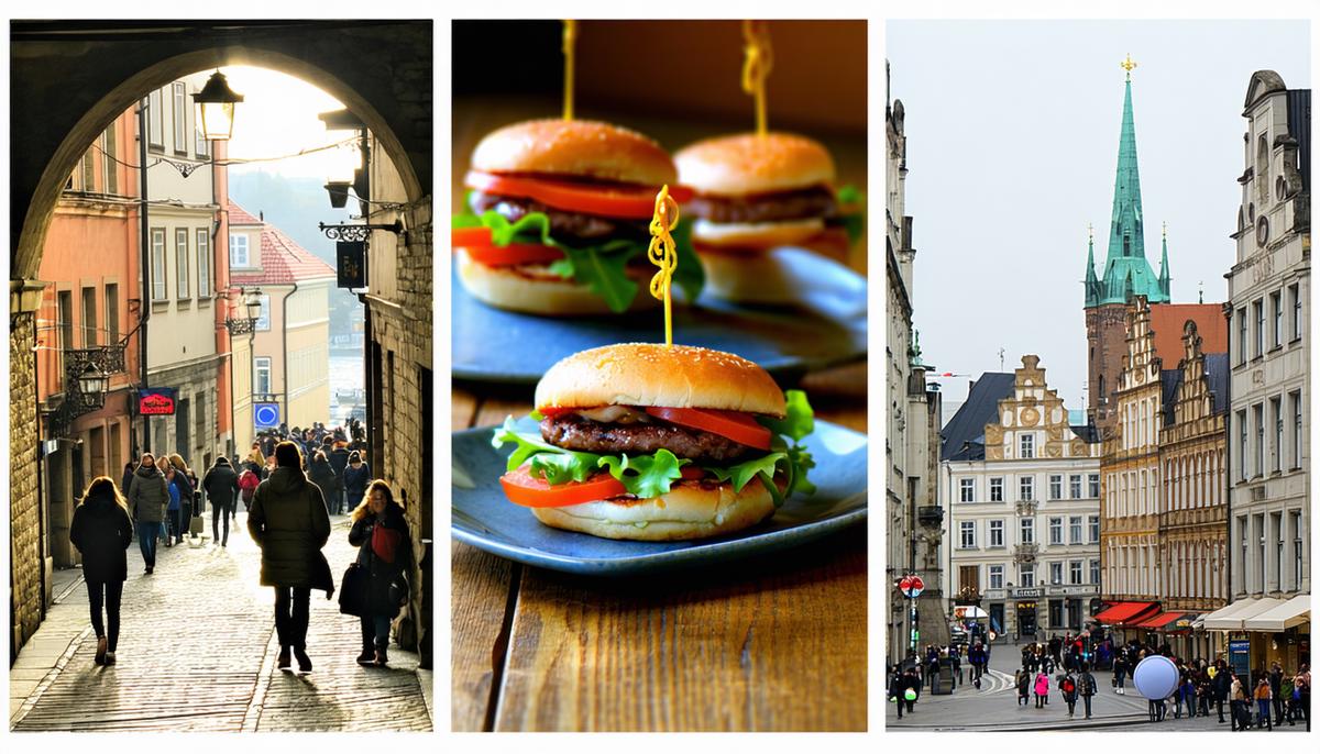 Collage of budget-friendly solo travel experiences in Europe, including street food, hostels, public transportation, and free walking tours