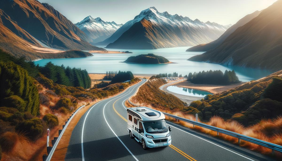 A campervan driving along a scenic road on New Zealand's South Island with mountains and lakes in the background