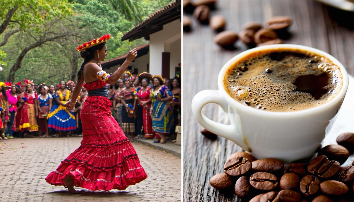 A collage representing Colombian cultural exchange through salsa dancing and coffee tasting