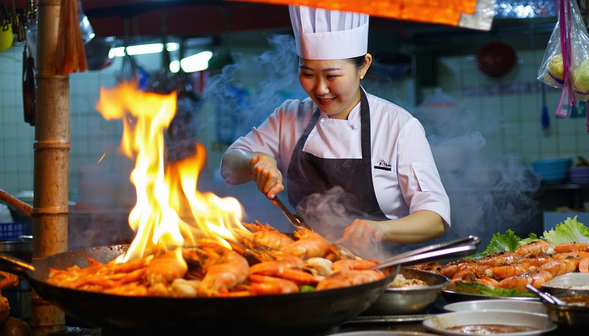 Chef Fikeaw cooking seafood at her stall in Yaowarat Night Market, with flames leaping from the wok