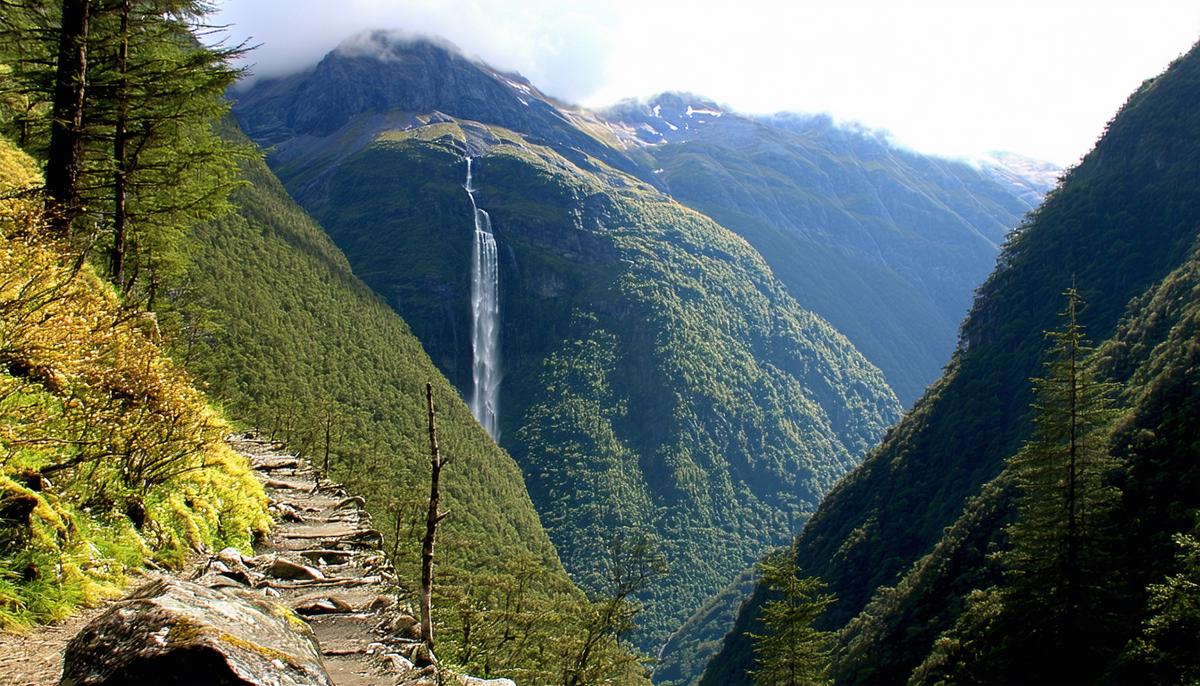 A scenic view of the Milford Track in Fiordland National Park, showing towering mountains, dense forests, and a cascading waterfall