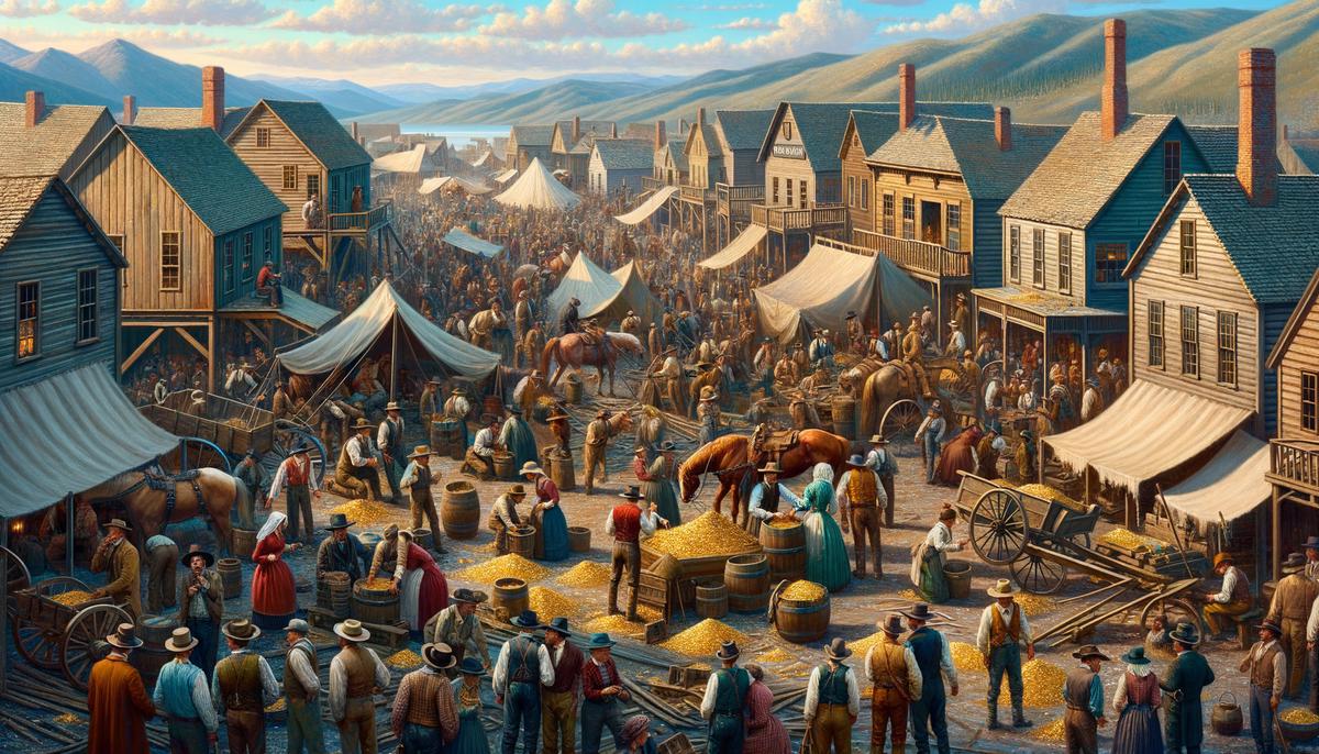 A bustling gold rush town in the 1850s American West with diverse inhabitants and activities