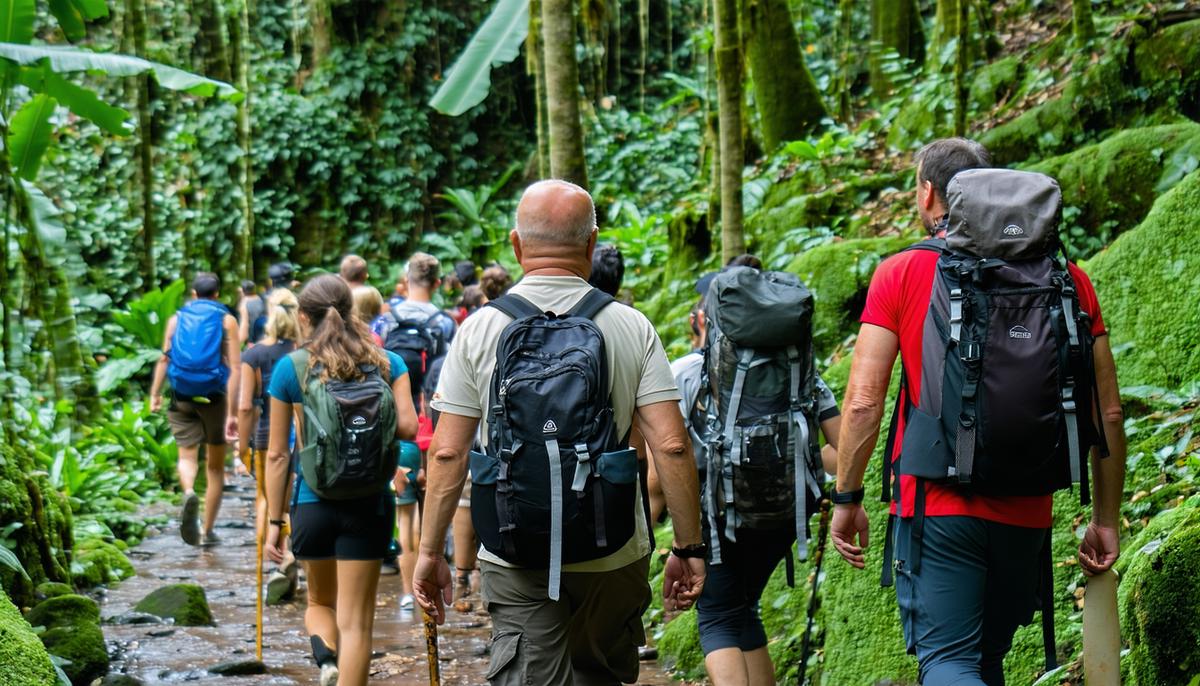 A diverse group of hikers following a local guide through dense Colombian jungle on the Lost City trek