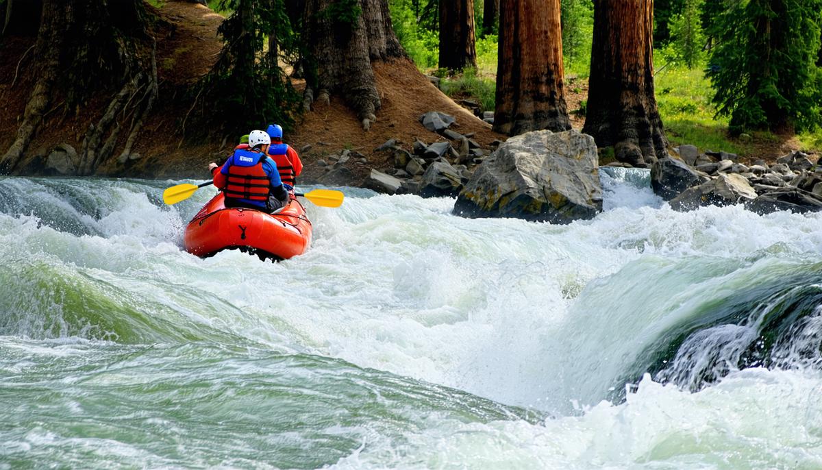 Rafters paddling through intense rapids on the Kaweah River with giant sequoia trees visible on the banks