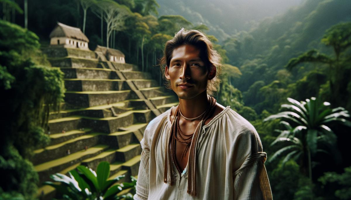 A Kogi tribe member in traditional white clothing standing near ancient terraces in the Lost City