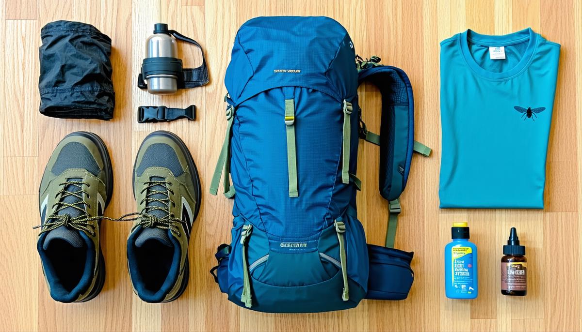 Essential hiking gear laid out for the Lost City trek, including sturdy boots, daypack, moisture-wicking clothing, and insect repellent
