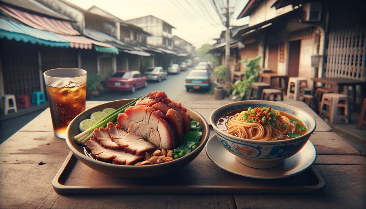 A plate of crispy roast pork and a bowl of peppery pork noodle soup from Nai Ek Roll Noodle in Bangkok's Chinatown