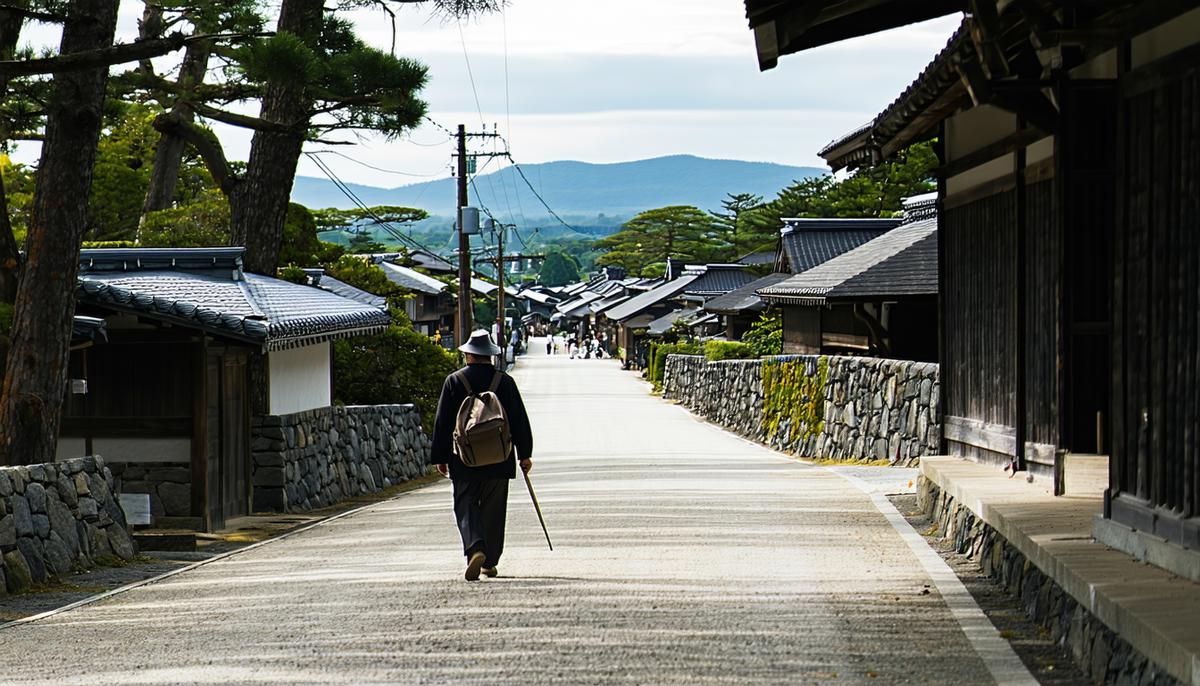 A traveler walking along the historic Nakasendo road, with traditional Japanese buildings visible in the distance