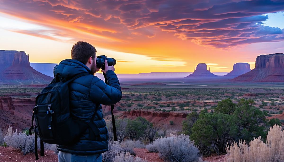 A solo traveler photographing a dramatic sunset over a vast American West landscape