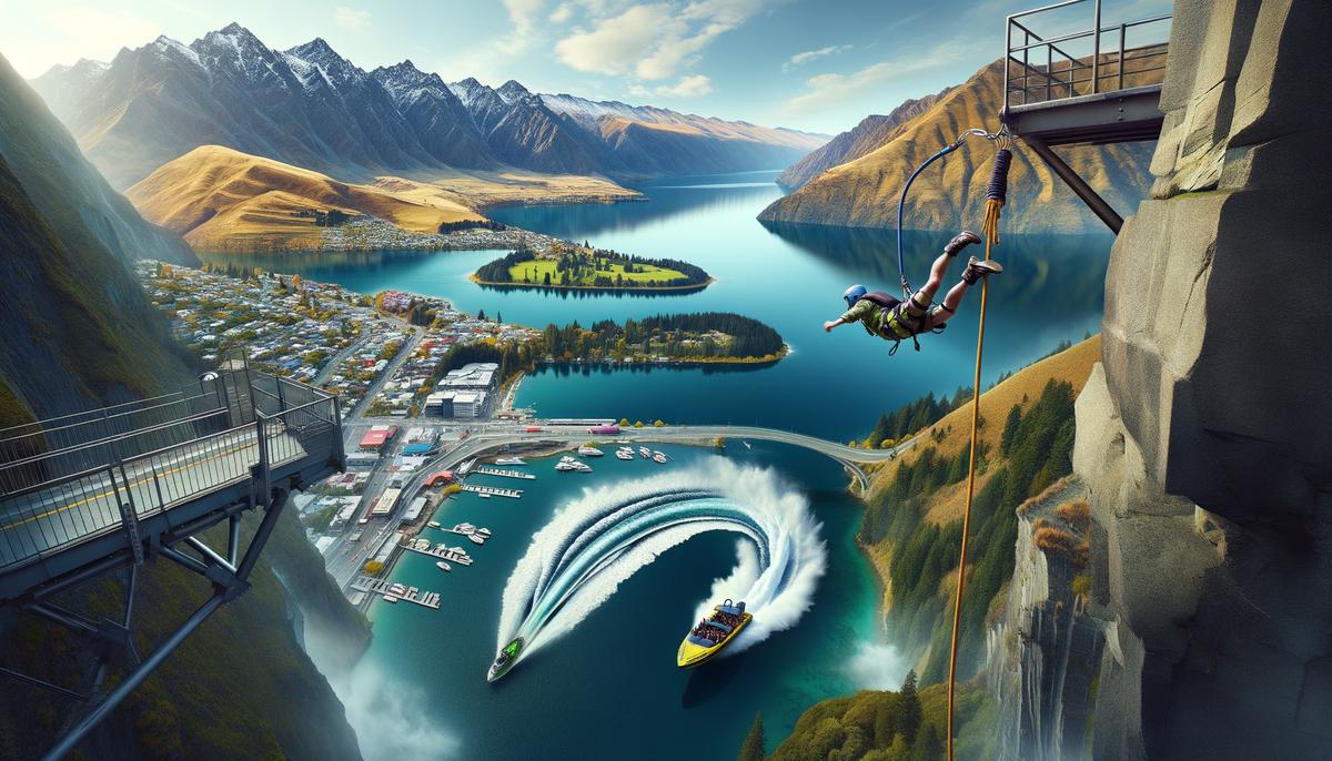A panoramic view of Queenstown showing various adventure activities including bungee jumping and jet boating