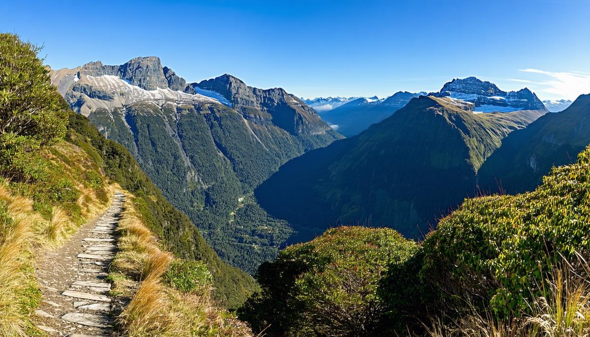 A panoramic view from the Routeburn Track, showcasing the Hollyford Valley and distant mountain ranges
