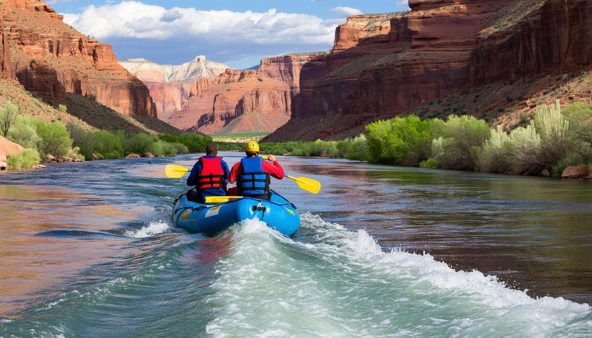 A raft navigating through the Salt River Canyon with red rock cliffs and desert vegetation in the background