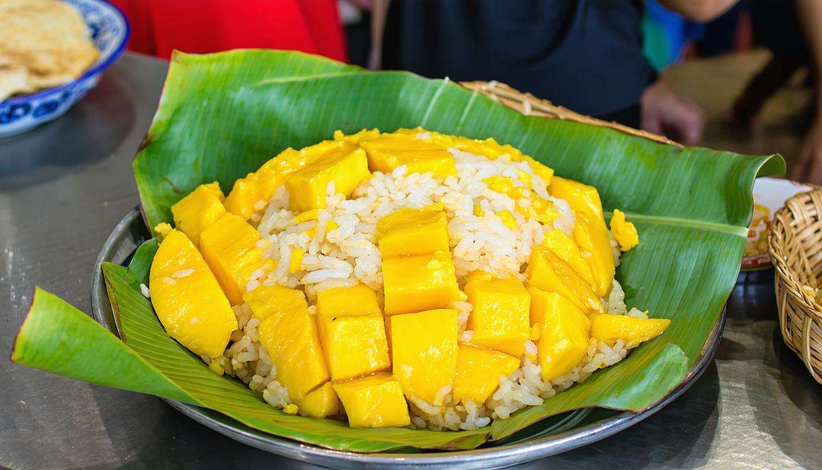 A serving of mango sticky rice on a banana leaf at Samyan Market, surrounded by the bustle of morning activities