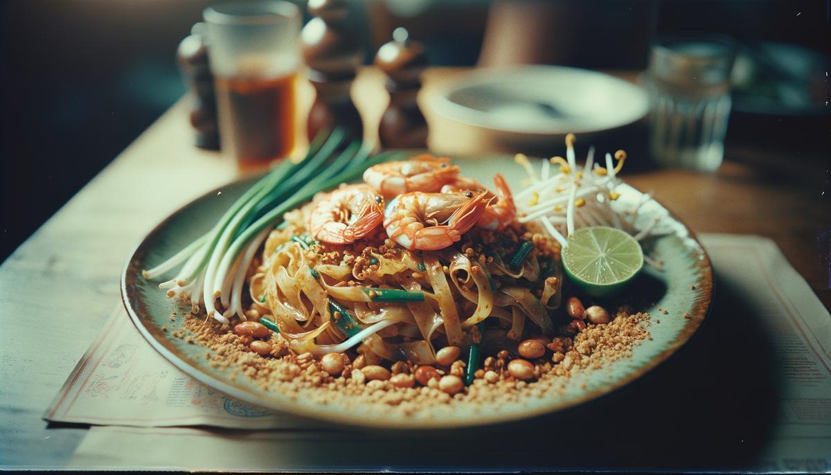 A plate of Pad Thai from Thip Samai, wrapped in a delicate egg layer, with river prawns and fresh garnishes