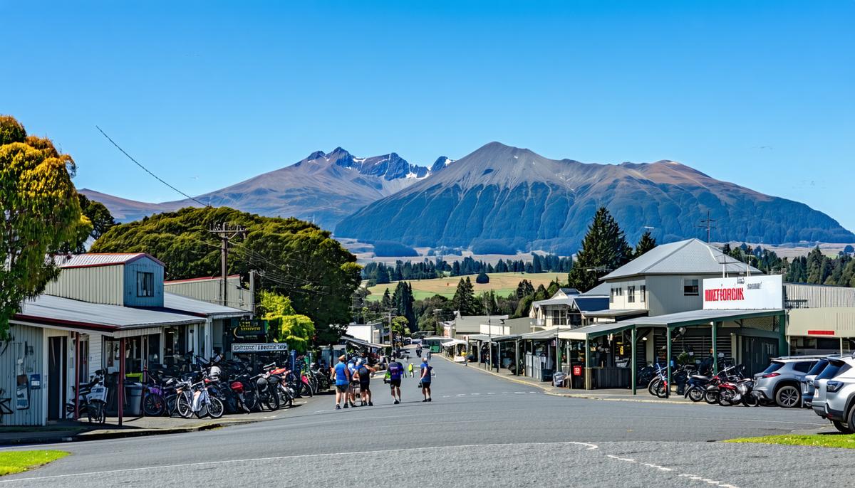 A view of the small town of Tuatapere with the backdrop of mountains, showcasing local businesses and hikers preparing for the Hump Ridge Track