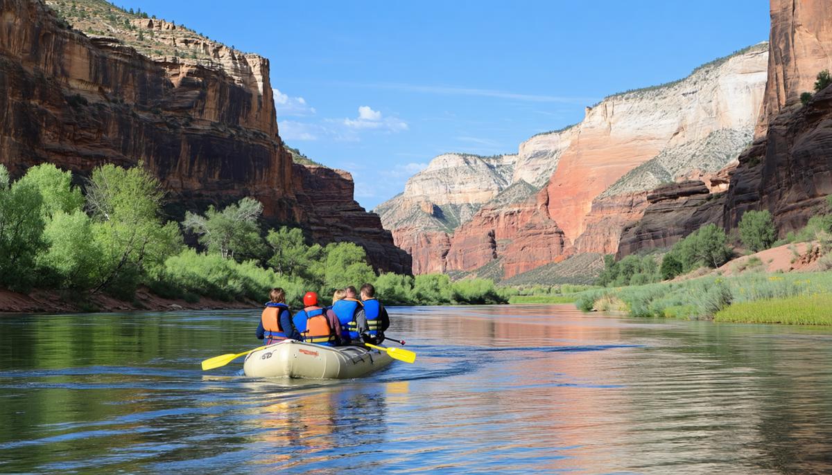 A raft floating through the Yampa River canyon in Dinosaur National Monument with towering sandstone cliffs on both sides