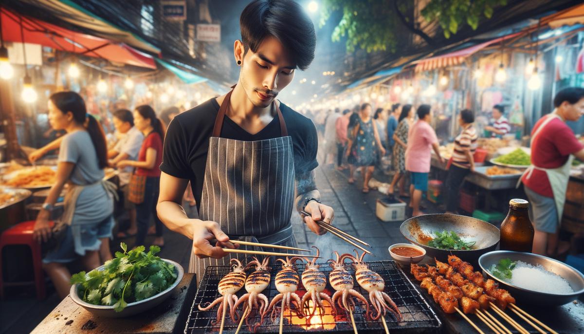 A chef grilling squid skewers at a street stall in Bangkok's Chinatown, with a spicy cilantro salad on the side